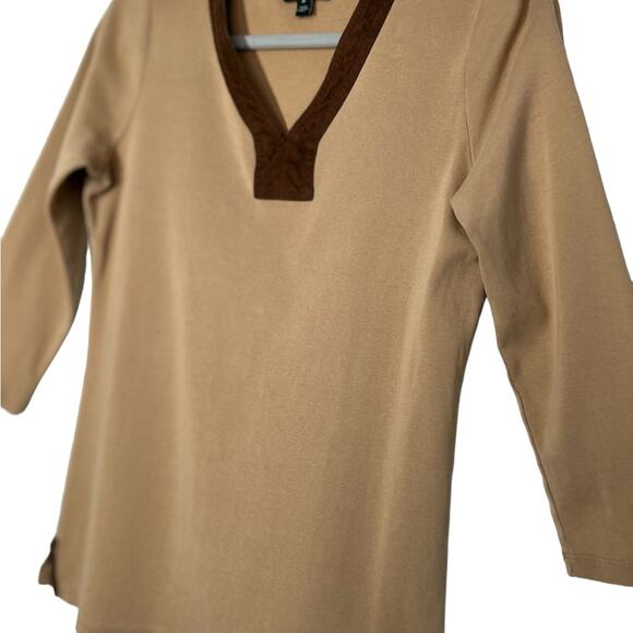 Lauren Ralph Lauren Tan Brown Suede Trim V Neck Long Sleeve top Size Med - Picture 8 of 11